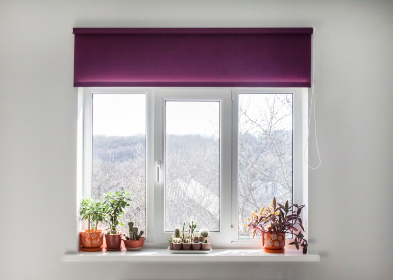 Purple roller blinds installed on a window